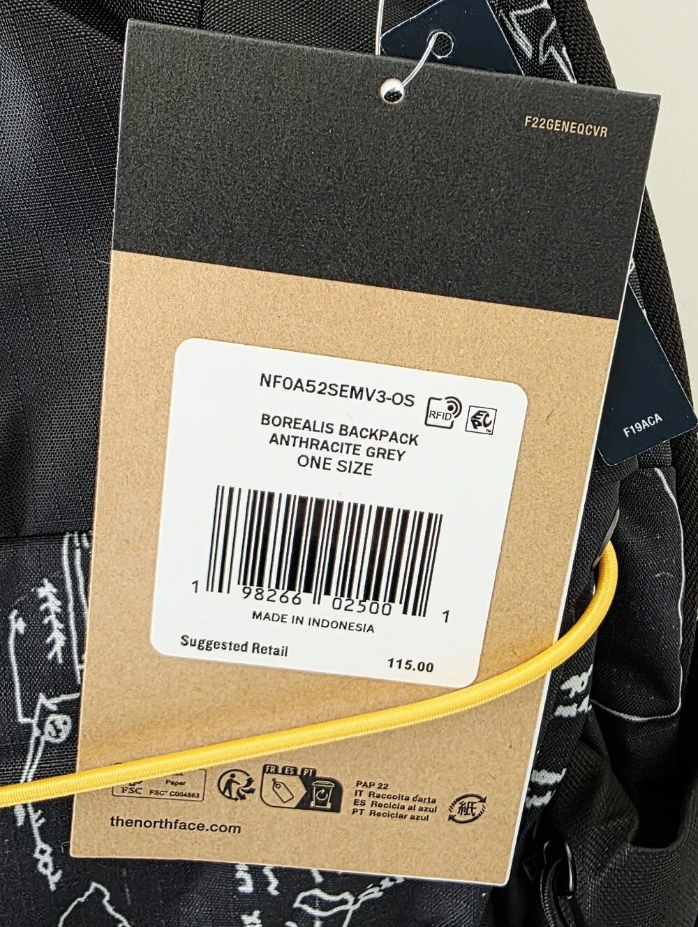 The North Face Borealis Anthracite Grey Backpack with Yellow Bungee Accents